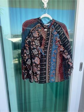 Zara Multicolor Boho Patchwork Blouse in Blue, Red & Black